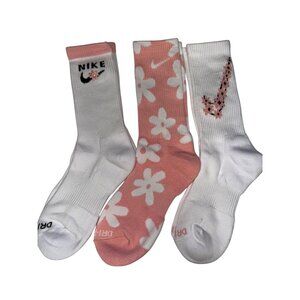Nike Women's Socks Everyday Plus Cushioned Crew 3 Pair White Pink Floral NWOT